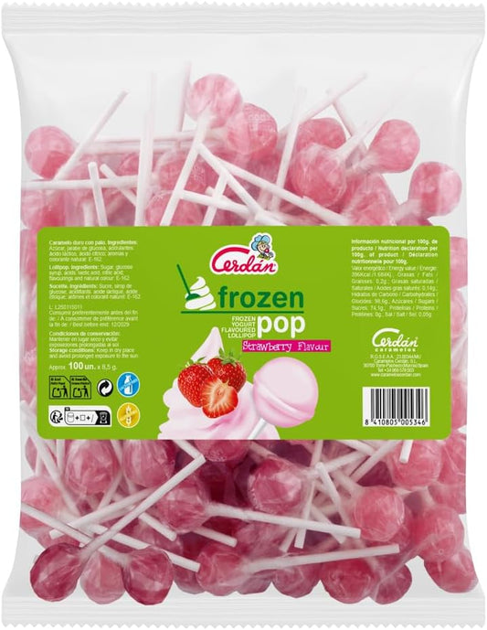 Caramelos Cerdán - Sucette au goût yaourt à la fraise Frozen Pop | Bonbon dur sans gluten ni allergènes | Sachet de 100 unités | Idéal pour fêtes, événements et anniversaires