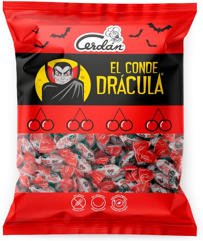 Caramelos Cerdán - Bonbons Dur Dracula Goût de Cerise | Sans Gluten et Sans Allergènes | Fêtes & Halloween | Sac 150 Bonbons - 500g