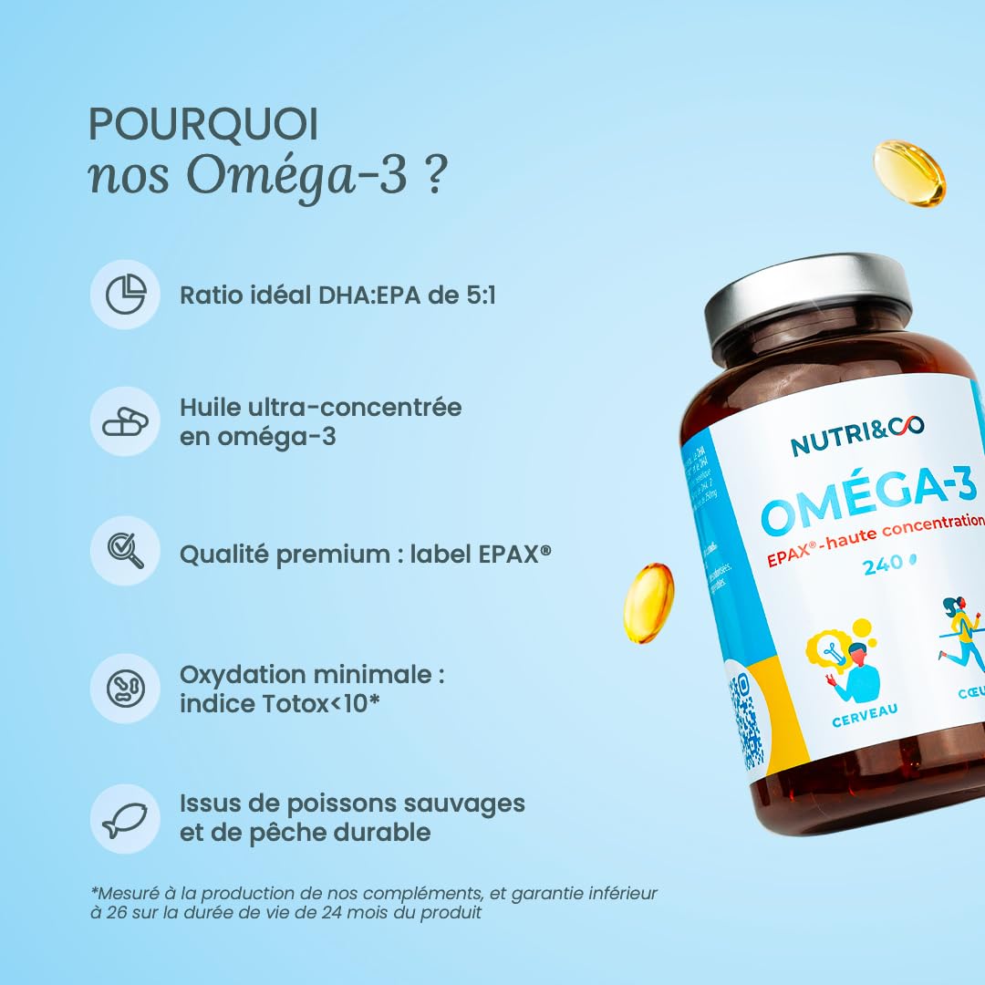 NUTRI&CO Omega 3 Huile de Poisson EPAX® EPA DHA | Cerveau Vision | 120 Caps