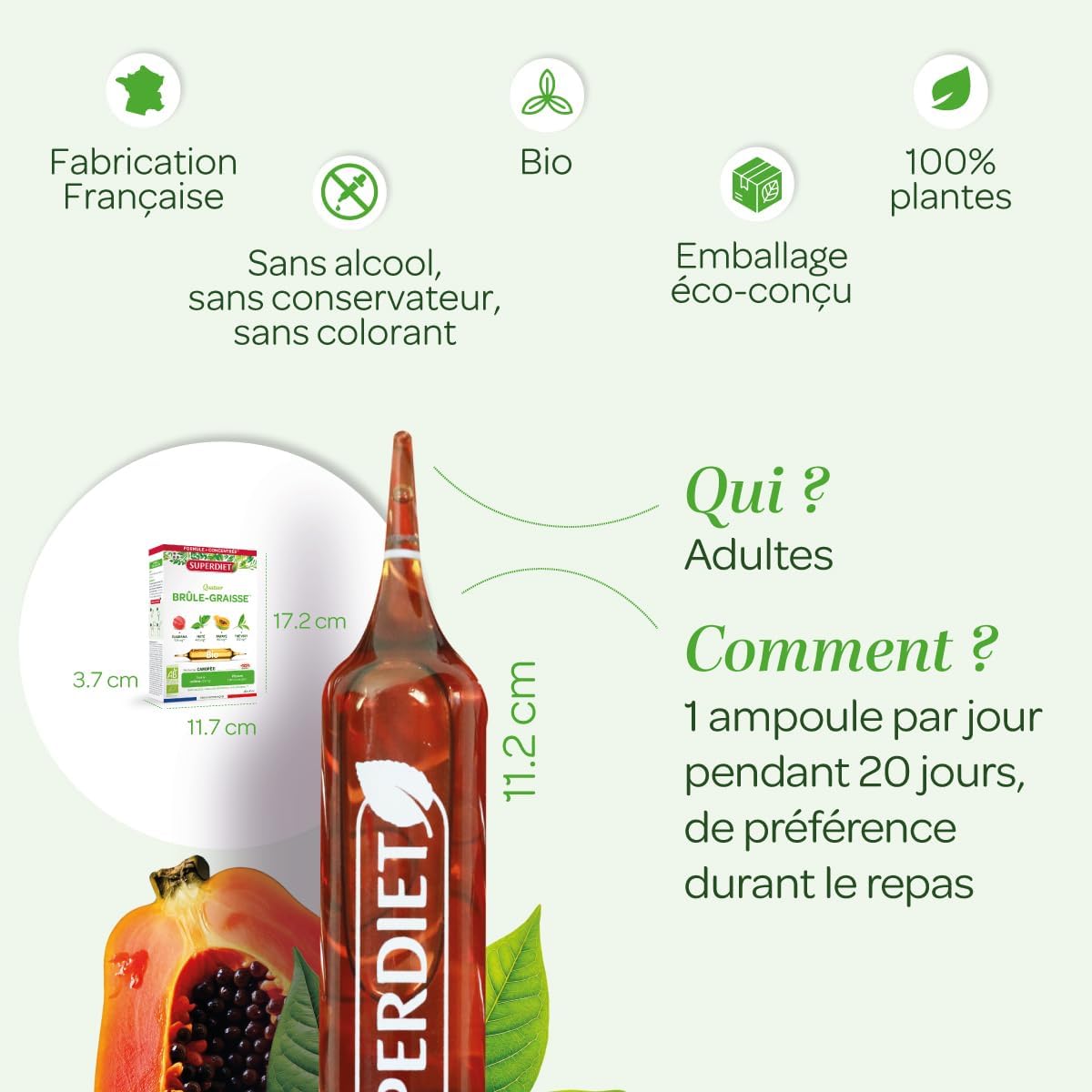 SUPERDIET-QUATUOR BRÛLE-GRAISSE BIO-Minceur-Thé vert, Papaye, Son d'avoine, Guarana-Fabrication française-FORMAT PROMO-30 ampoules de 10ml
