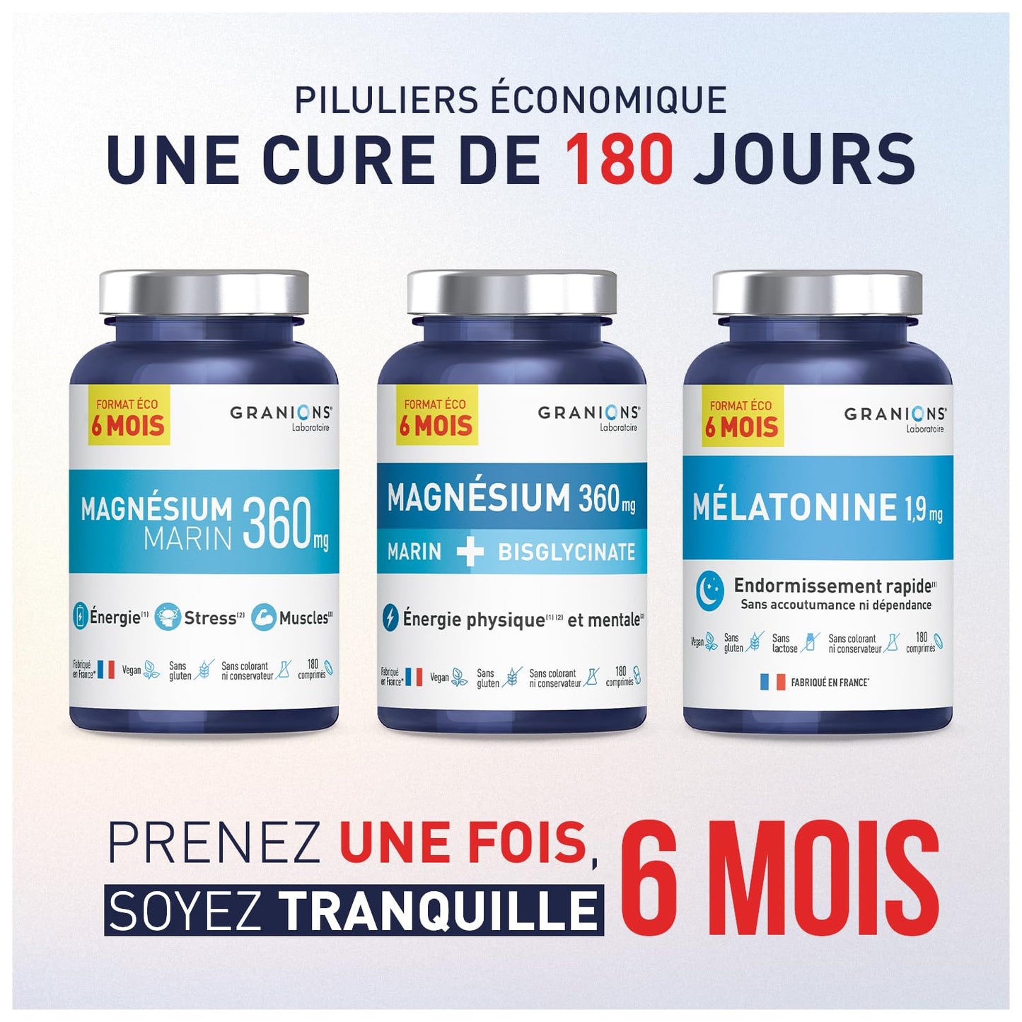 GRANIONS Magnesium Bisglycinate 360 MG - Magnesium Bisglycinate Haute Assimilation + Vitamine B6 - Anti Stress Adulte, Anti Fatigue Puissant - Sans Sucre & Vegan - 10 Shots - Goût Framboise