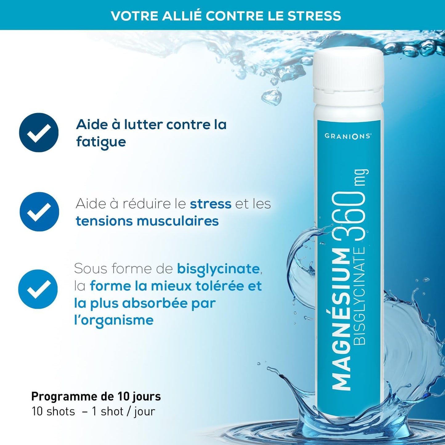 GRANIONS Magnesium Bisglycinate 360 MG - Magnesium Bisglycinate Haute Assimilation + Vitamine B6 - Anti Stress Adulte, Anti Fatigue Puissant - Sans Sucre & Vegan - 10 Shots - Goût Framboise