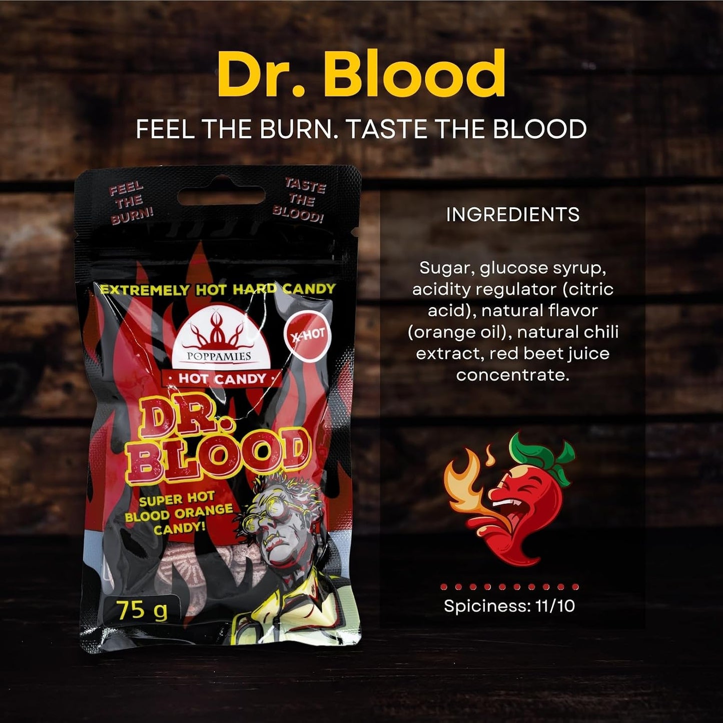 Poppamies Bonbons Épicés Dr Blood Chili Orange - Sans Lactose Sans Gluten Végan - Pas pour les enfants ni pour les farces d'Halloween - Piquant : X-HOT - Taille : 75g