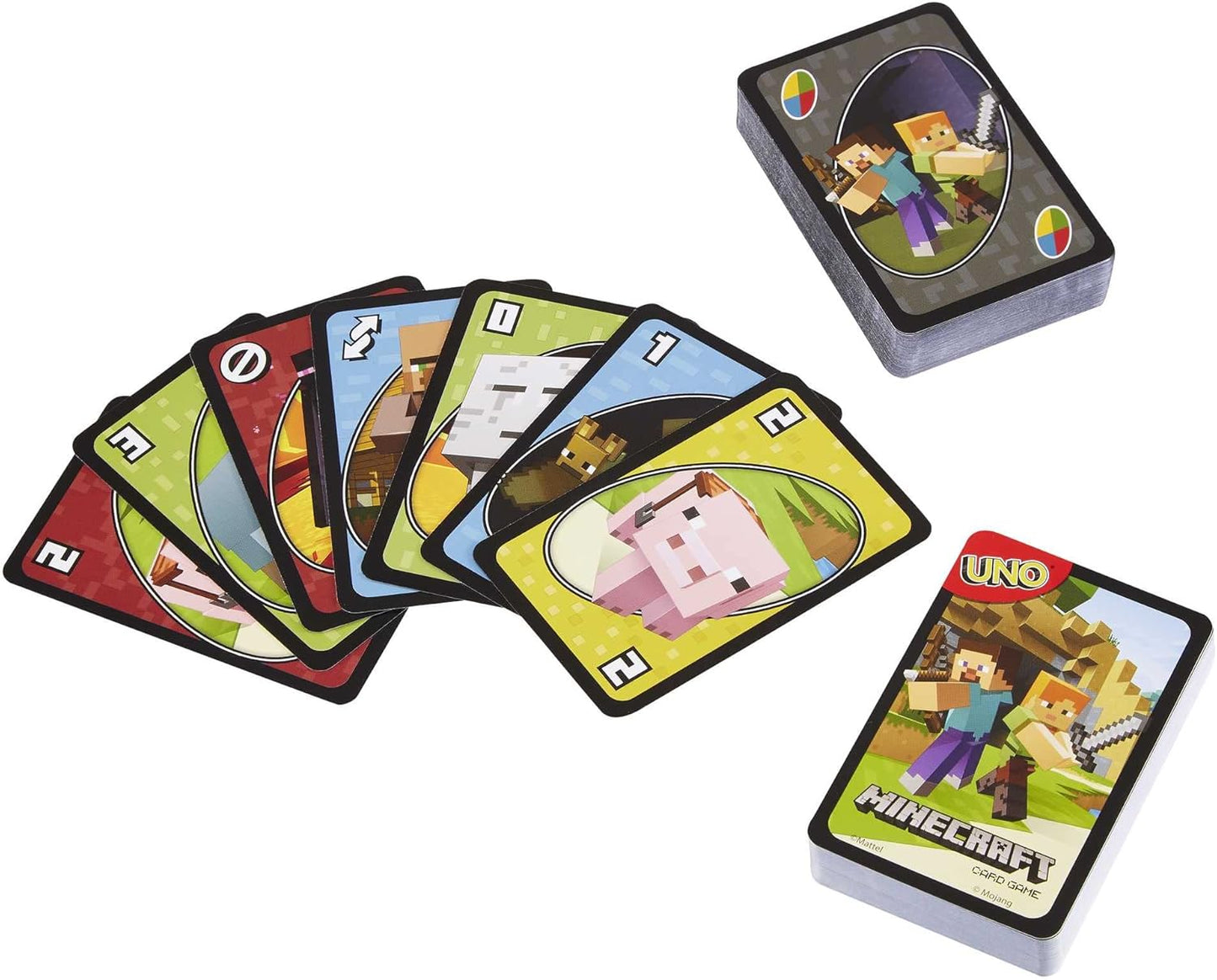 Mattel Games UNO Minecraft Jeu de Cartes, Cadeaux pour Enfants et soirée en Famille, sur Le thème du Jeu vidéo Minecraft, Jeux de Voyage, boîte de Rangement, HJC88