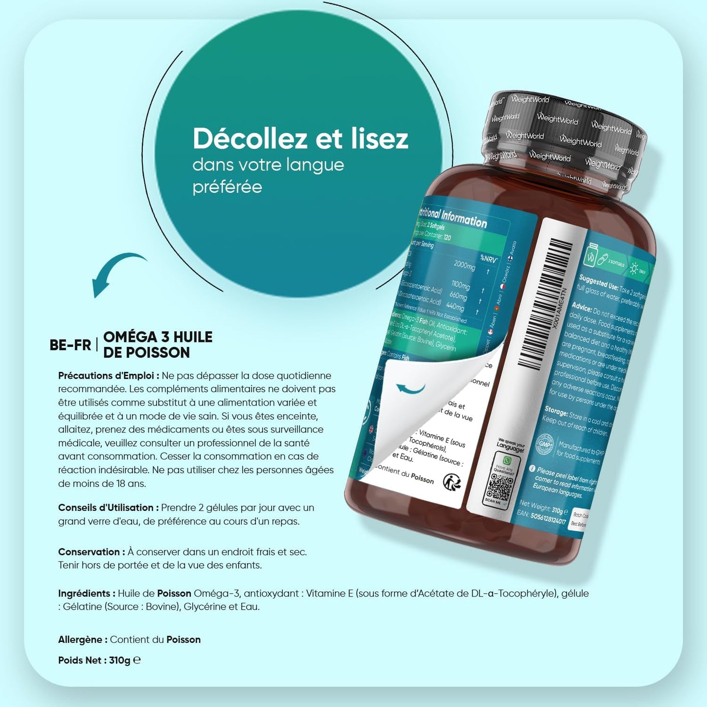 Oméga 3 Huile de Poisson Gélules 2000mg, 240 Gélules Fish Oil Omega 3