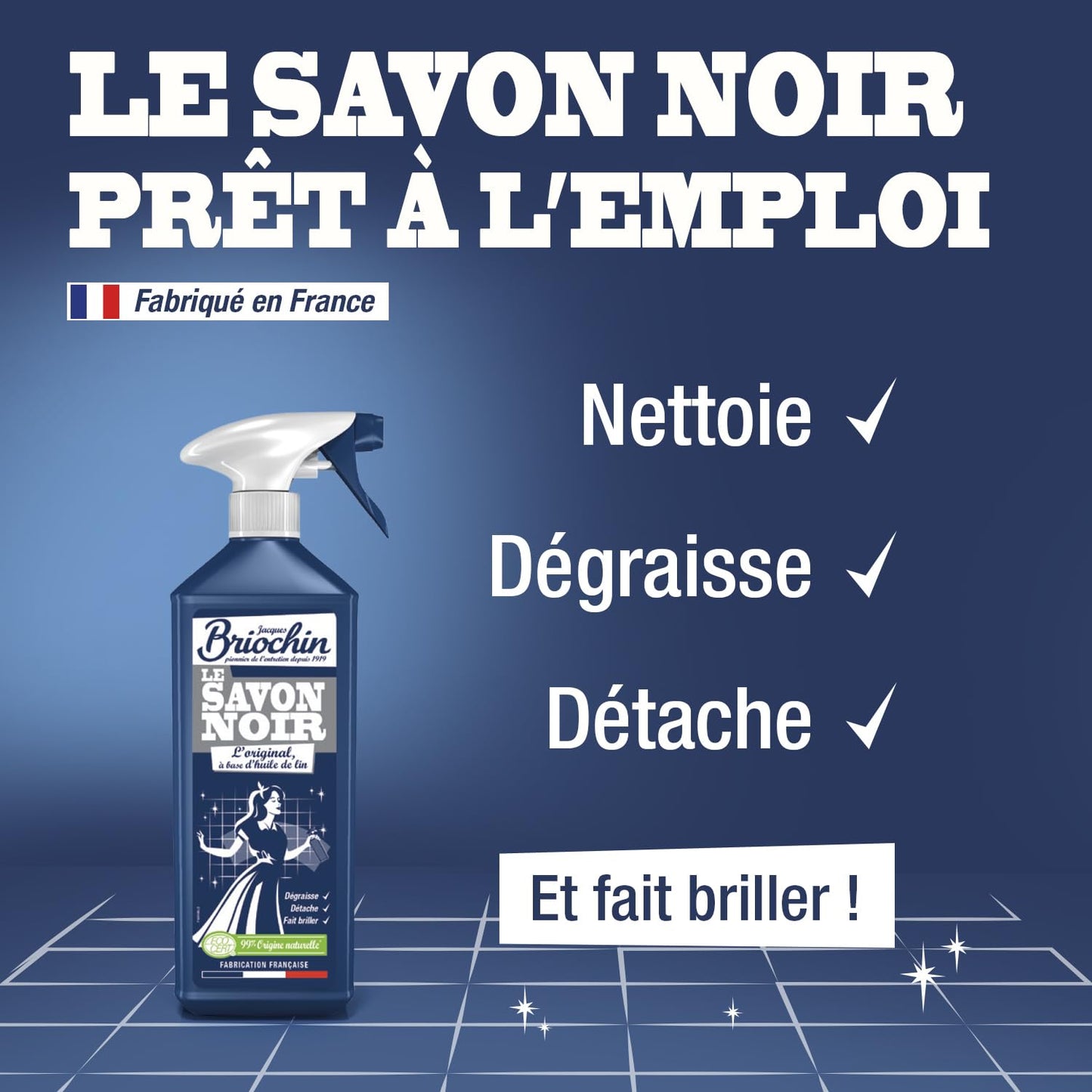 JACQUES BRIOCHIN - Savon noir prêt à l'emploi - A l'huile de lin - Nettoie, détache et fait briller - Ecocert - Fabrication Française - Flacon recyclable - Pulvérisateur 750ml