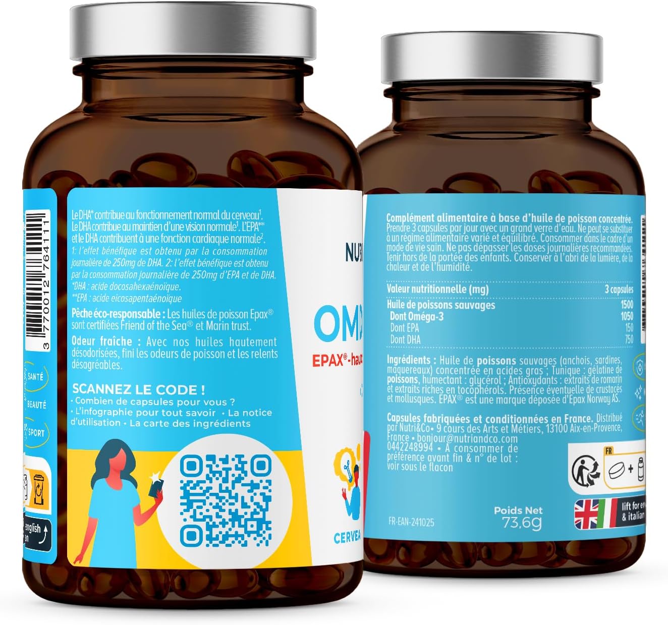 NUTRI&CO Omega 3 Huile de Poisson EPAX® EPA DHA | Cerveau Vision | 120 Caps