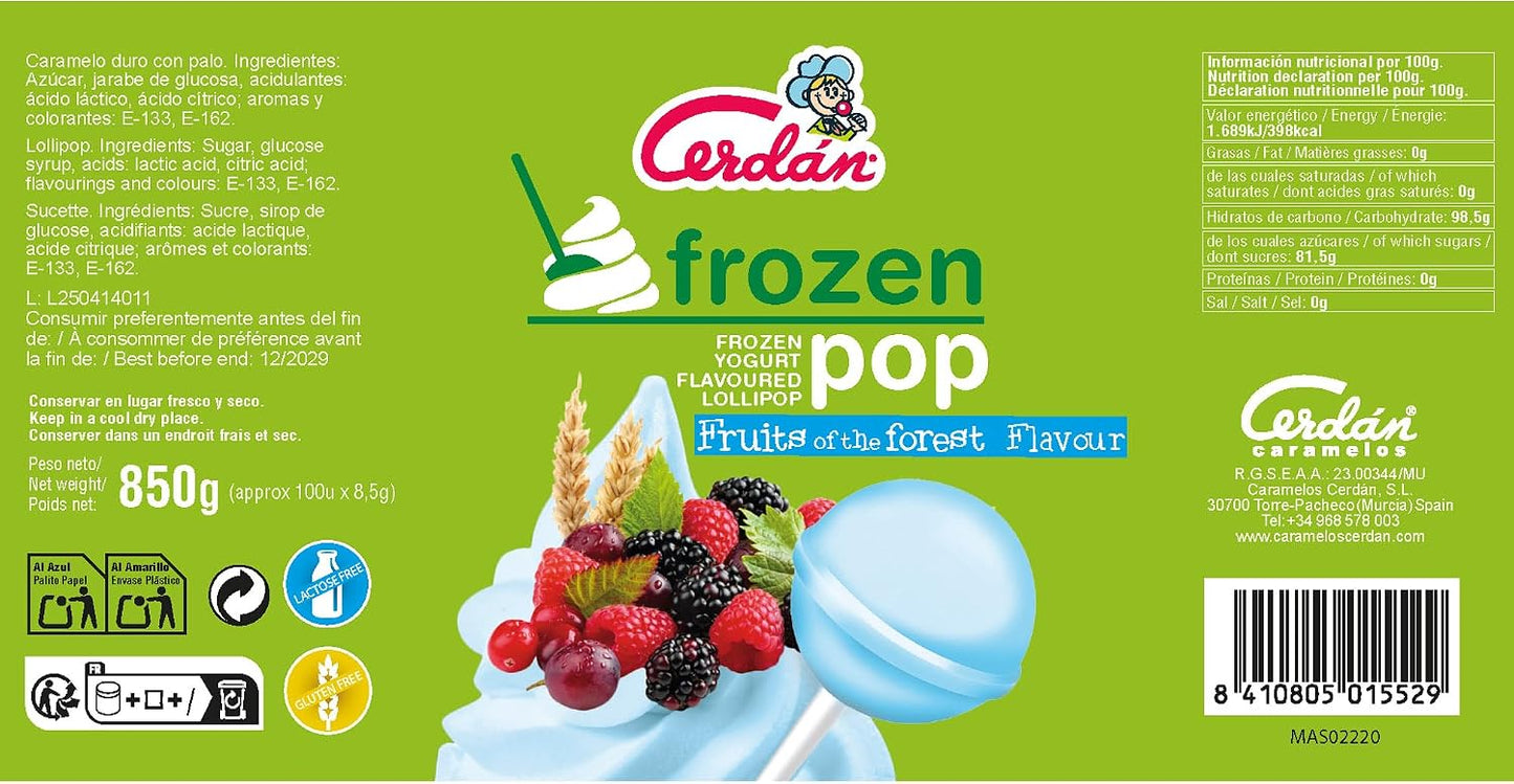 Caramelos Cerdán - Sucette au goût yaourt aux fruits des bois Frozen Pop | Bonbon dur sans gluten ni allergènes | Sachet de 100 unités | Idéal pour fêtes, événements et anniversaires