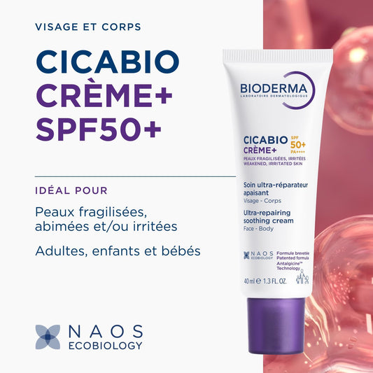BIODERMA Cicabio Creme+ SPF50+ Soin anti-hyperpigmentation ultra réparateur et apaisant - Protège des agressions extérieures, texture « effet pansement » - Pour toute la famille - Tube 40 ml