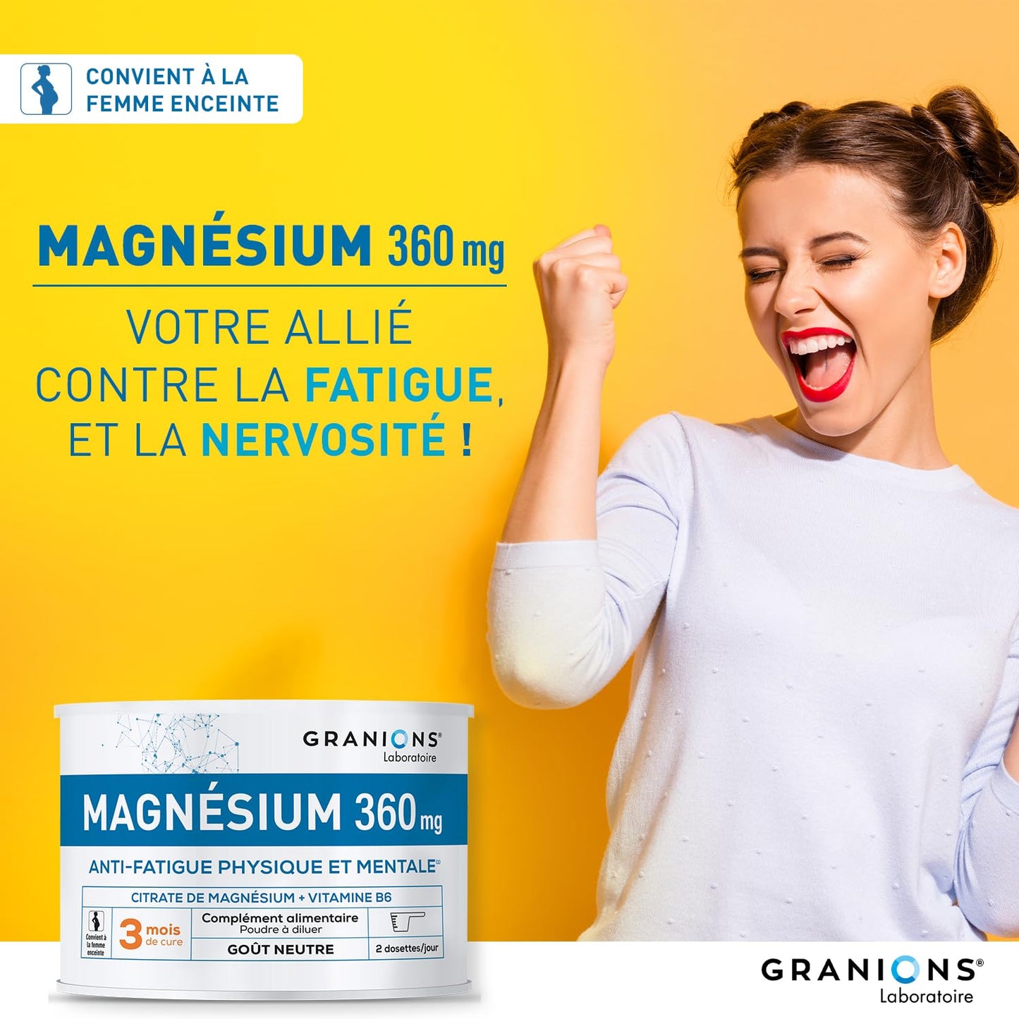 GRANIONS Magnesium Bisglycinate 360 MG - Magnesium Bisglycinate Haute Assimilation + Vitamine B6 - Anti Stress Adulte, Anti Fatigue Puissant - Sans Sucre & Vegan - 10 Shots - Goût Framboise