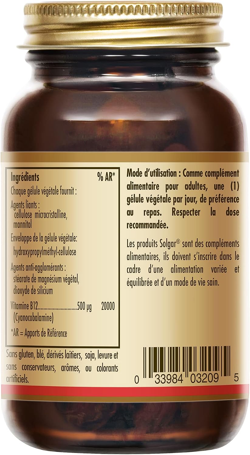 Solgar Vitamine B12 (Cyanocobalamine) 500 µg - Vitalité et énergie - Contribue à réduire la fatigue - Vegan - Vitamines - Complément Alimentaire - Flacon de 50 gélules végétales