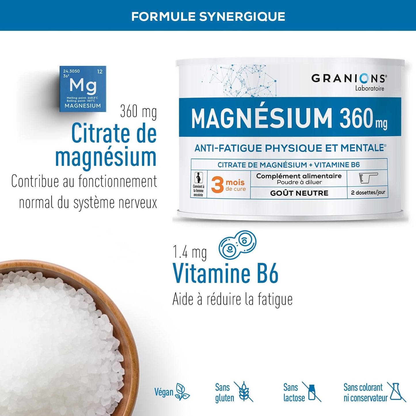 GRANIONS Magnesium Bisglycinate 360 MG - Magnesium Bisglycinate Haute Assimilation + Vitamine B6 - Anti Stress Adulte, Anti Fatigue Puissant - Sans Sucre & Vegan - 10 Shots - Goût Framboise