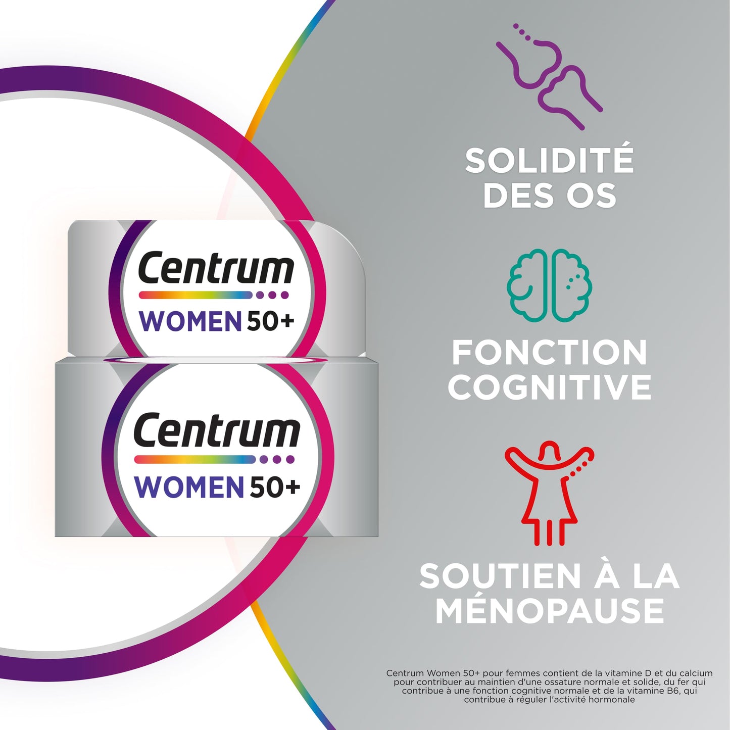 CENTRUM Women 50+ - Multivitamines et Minéraux pour Femme de +50 ans - 23 nutriments Vit D, C, B6, B12, Fer & Zinc - Complément Alimentaire Fatigue, Immunité & Soutien Cognitif - 30 Comprimés - 1 Mois
