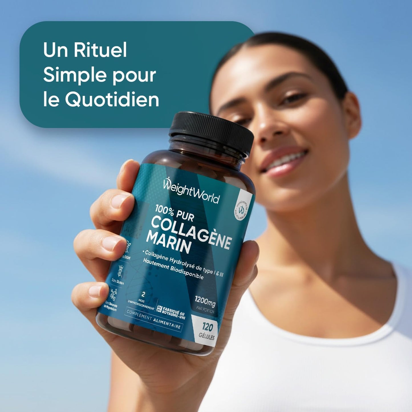 Collagene Marin Gelules Pur Type 1 & 3, 120 Gélules Multi-Usages, Peptide de Collagene Marin Hydrolysé, 1200mg sans Additifs ni OGM, sans Gluten ni Stéarate de Magnésium, 2 Mois d'Approvisionnement
