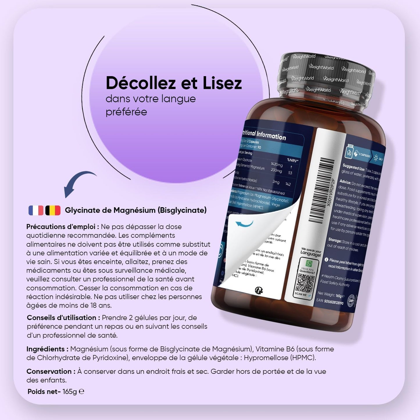Magnesium Bisglycinate + Vitamine B6 1422mg - 180 Gélules Vegan