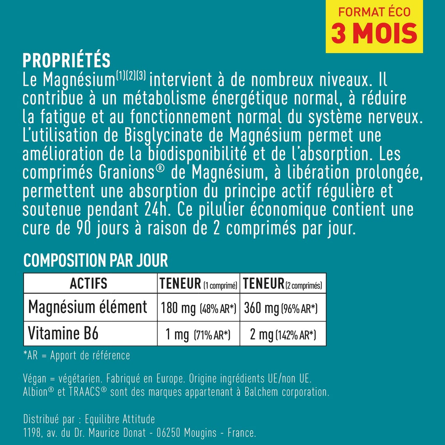GRANIONS Magnesium Bisglycinate 360 MG - Magnesium Bisglycinate Haute Assimilation + Vitamine B6 - Anti Stress Adulte, Anti Fatigue Puissant - Sans Sucre & Vegan - 10 Shots - Goût Framboise