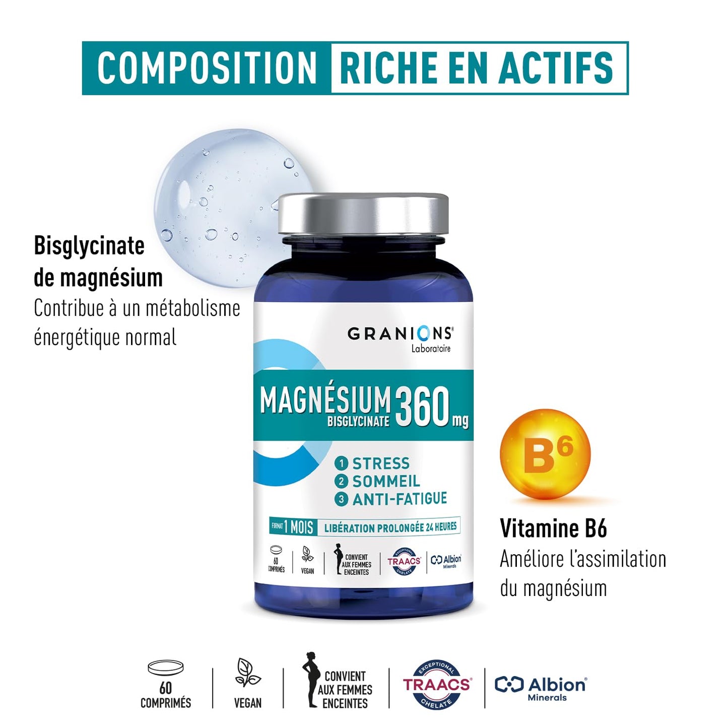 GRANIONS Magnesium Bisglycinate 360 MG - Magnesium Bisglycinate Haute Assimilation + Vitamine B6 - Anti Stress Adulte, Anti Fatigue Puissant - Sans Sucre & Vegan - 10 Shots - Goût Framboise