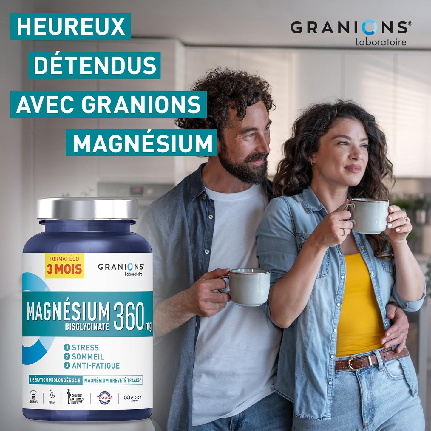 GRANIONS Magnesium Bisglycinate 360 MG - Magnesium Bisglycinate Haute Assimilation + Vitamine B6 - Anti Stress Adulte, Anti Fatigue Puissant - Sans Sucre & Vegan - 10 Shots - Goût Framboise