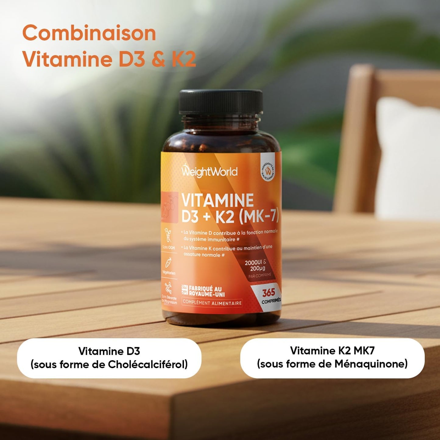 Vitamine D3 K2 MK7, 365 Micro-Comprimés Végétariens, Vit D3 2000UI & K2 MK7