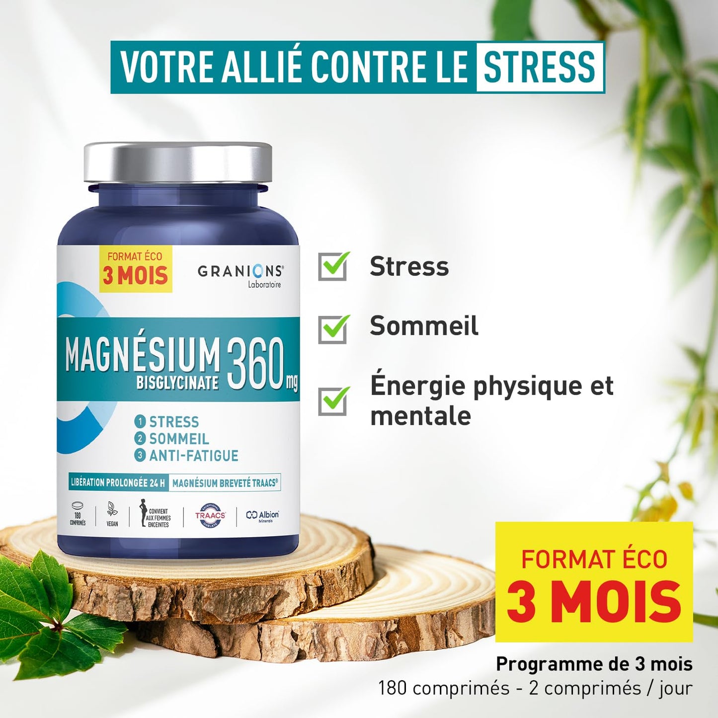 GRANIONS Magnesium Bisglycinate 360 MG - Magnesium Bisglycinate Haute Assimilation + Vitamine B6 - Anti Stress Adulte, Anti Fatigue Puissant - Sans Sucre & Vegan - 10 Shots - Goût Framboise