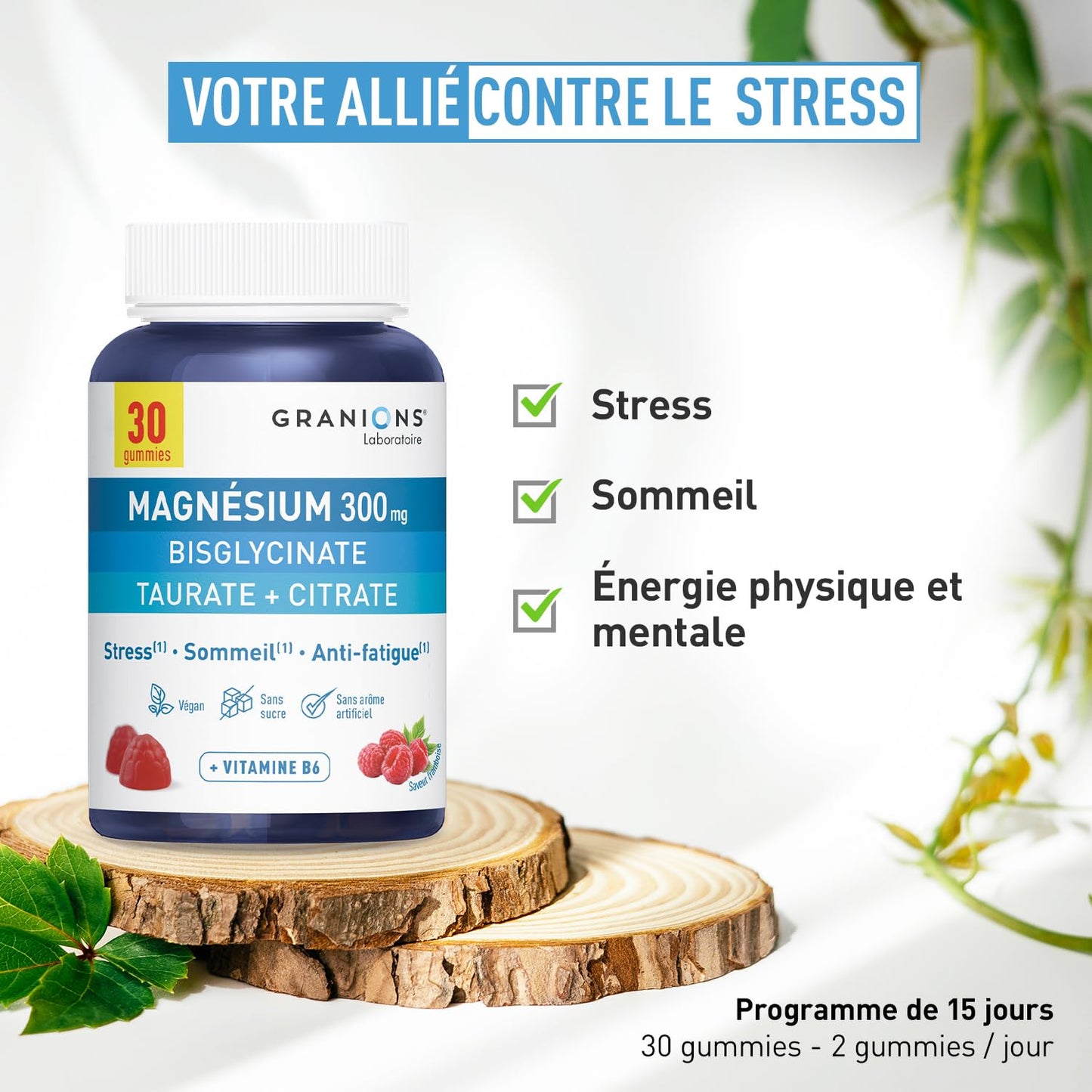 GRANIONS Magnesium Bisglycinate 360 MG - Magnesium Bisglycinate Haute Assimilation + Vitamine B6 - Anti Stress Adulte, Anti Fatigue Puissant - Sans Sucre & Vegan - 10 Shots - Goût Framboise