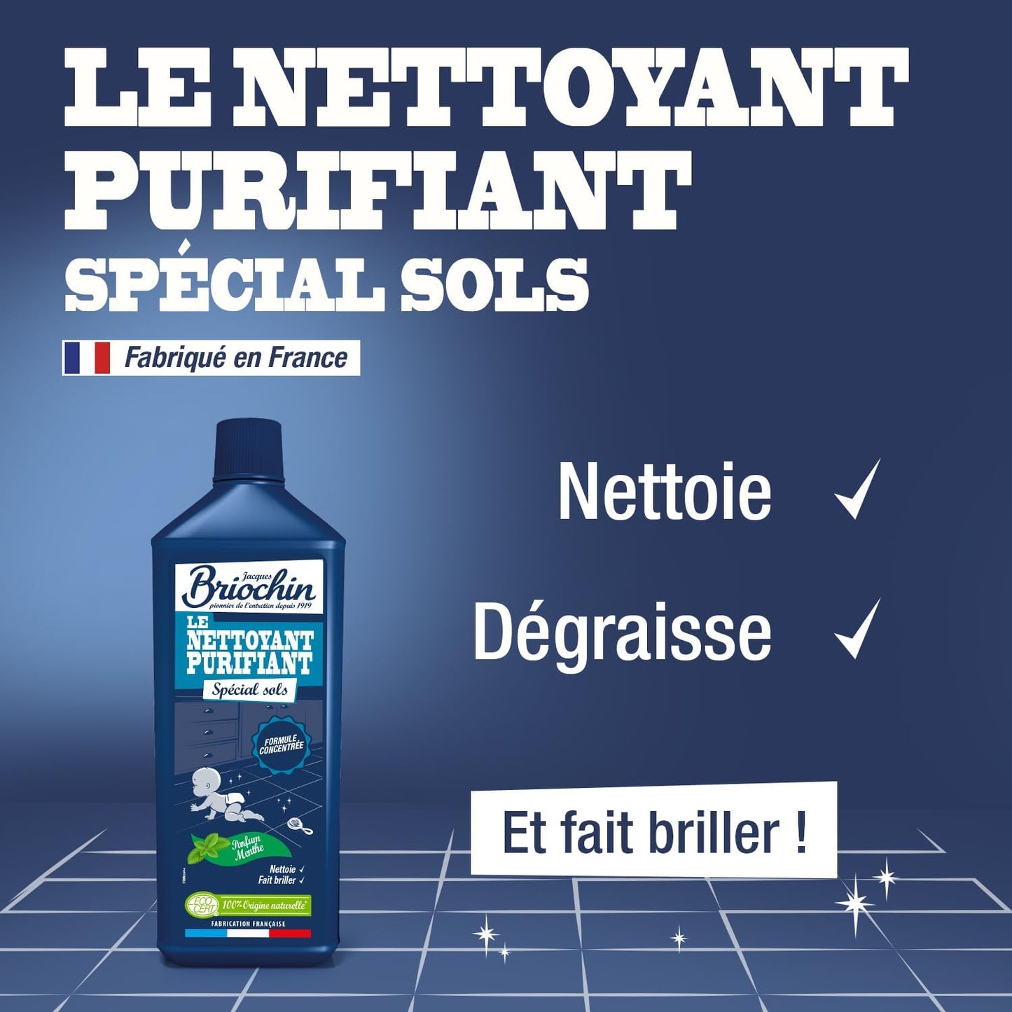 JACQUES BRIOCHIN - Nettoyant Purifiant Spécial Sols - Formule Concentrée - Parfum Menthe - Ecocert - 100% d'Origine Naturelle - Fabrication Française - 1L