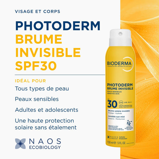 BIODERMA Photoderm Brume invisible SPF30 Brume solaire spray très haute protection UVA/UVB - Peaux sensibles - Protège du stress oxydatif, riche en Vitamine E - Aérosol 150 ml