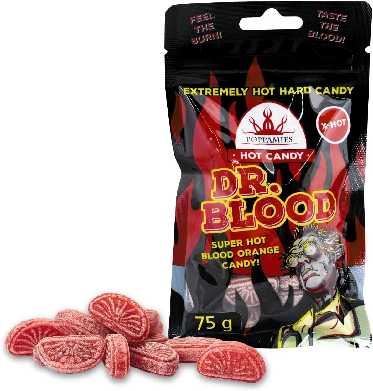 Poppamies Bonbons Épicés Dr Blood Chili Orange - Sans Lactose Sans Gluten Végan - Pas pour les enfants ni pour les farces d'Halloween - Piquant : X-HOT - Taille : 75g