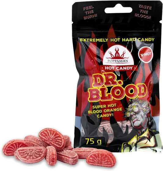 Poppamies Bonbons Épicés Dr Blood Chili Orange - Sans Lactose Sans Gluten Végan - Pas pour les enfants ni pour les farces d'Halloween - Piquant : X-HOT - Taille : 75g