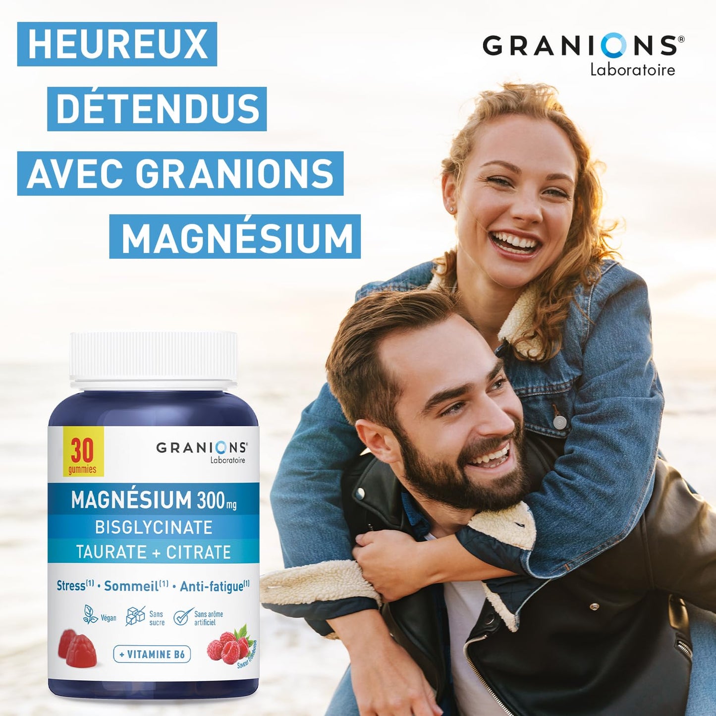 GRANIONS Magnesium Bisglycinate 360 MG - Magnesium Bisglycinate Haute Assimilation + Vitamine B6 - Anti Stress Adulte, Anti Fatigue Puissant - Sans Sucre & Vegan - 10 Shots - Goût Framboise