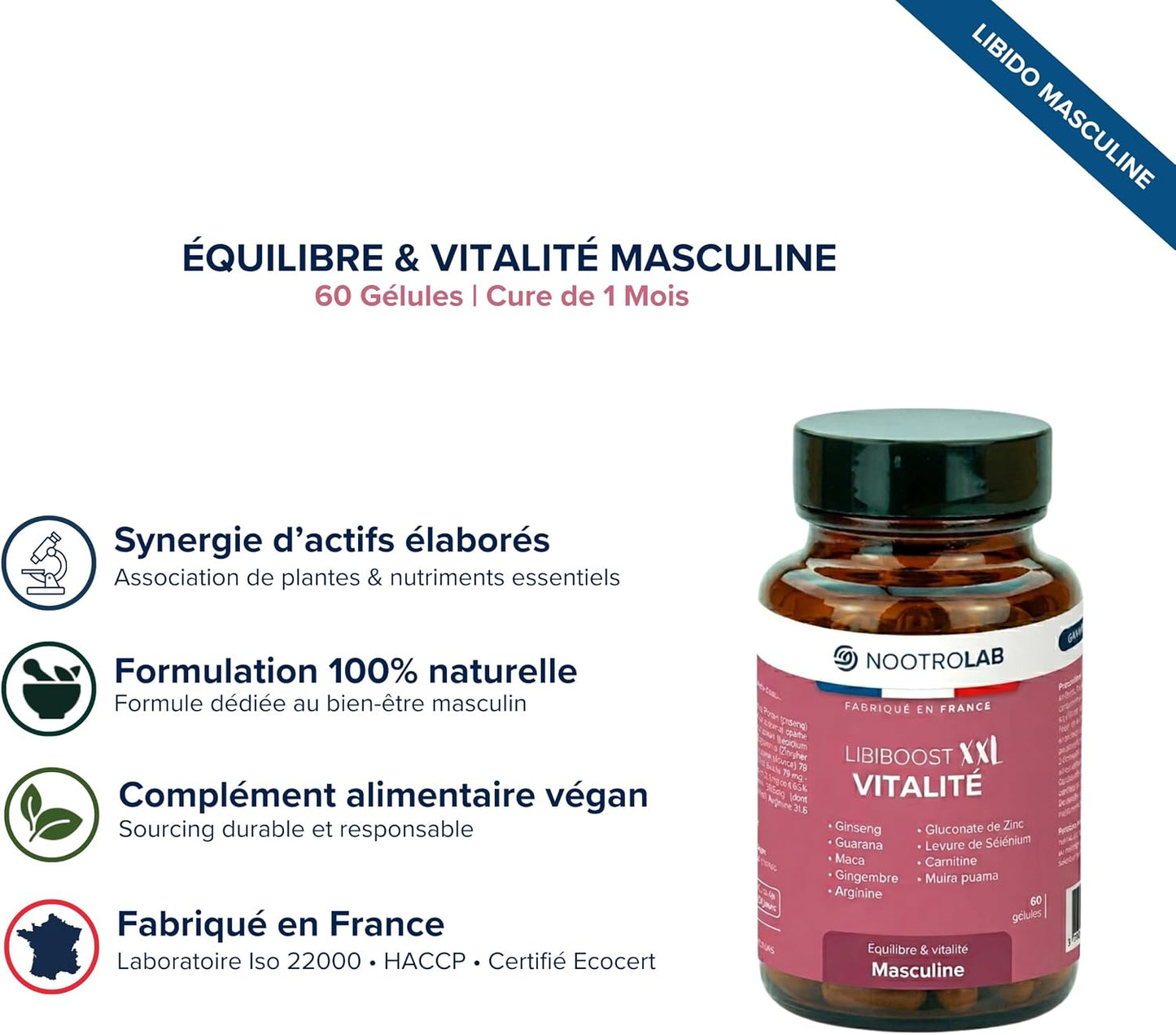 Libiboost – Complément Vitalité Sexuelle Homme – Ginseng, Maca, Zinc, Guarana, Gingembre, Bois Bandé – Libido, Énergie, Érection – Fabriqué en France – Fertilité, Performance