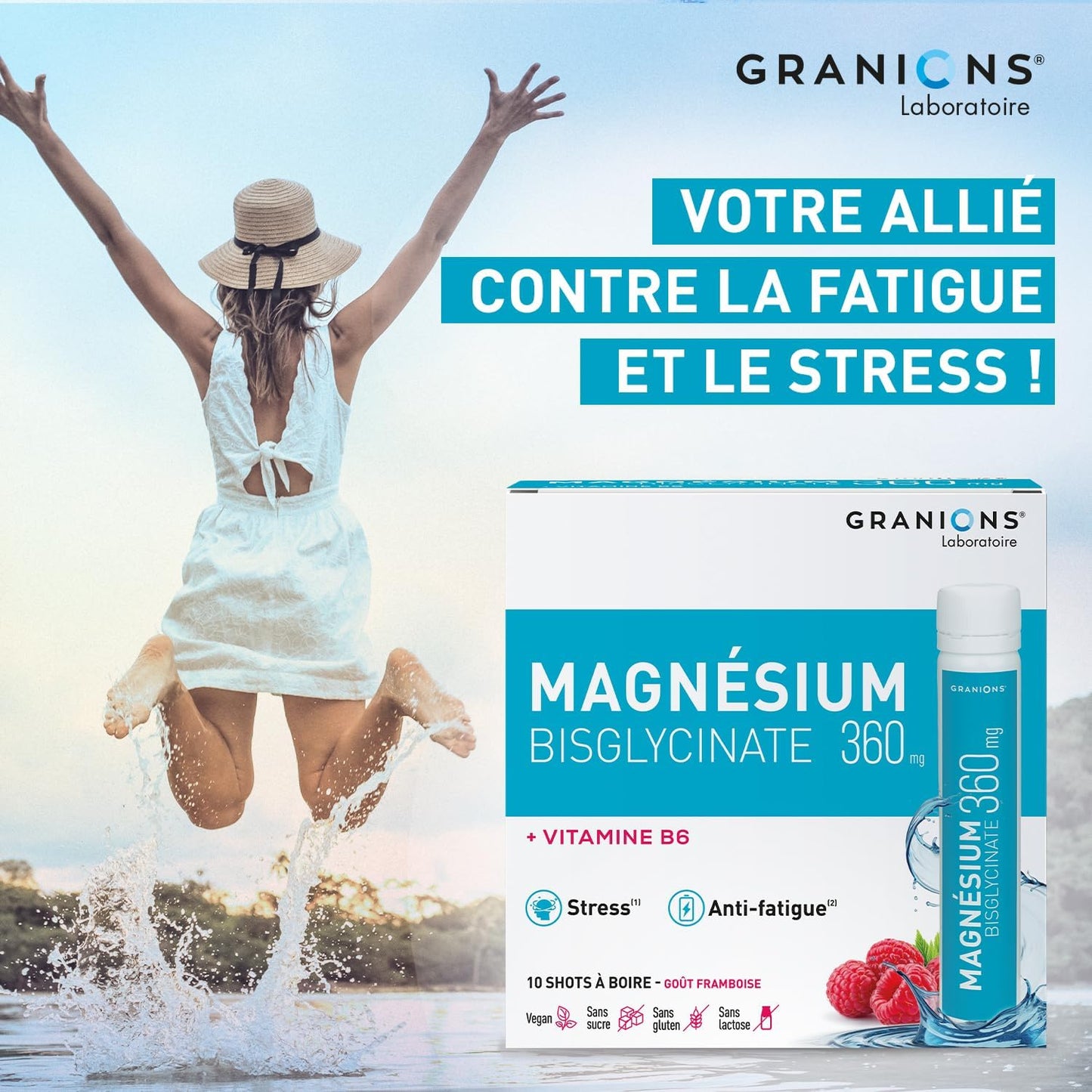 GRANIONS Magnesium Bisglycinate 360 MG - Magnesium Bisglycinate Haute Assimilation + Vitamine B6 - Anti Stress Adulte, Anti Fatigue Puissant - Sans Sucre & Vegan - 10 Shots - Goût Framboise