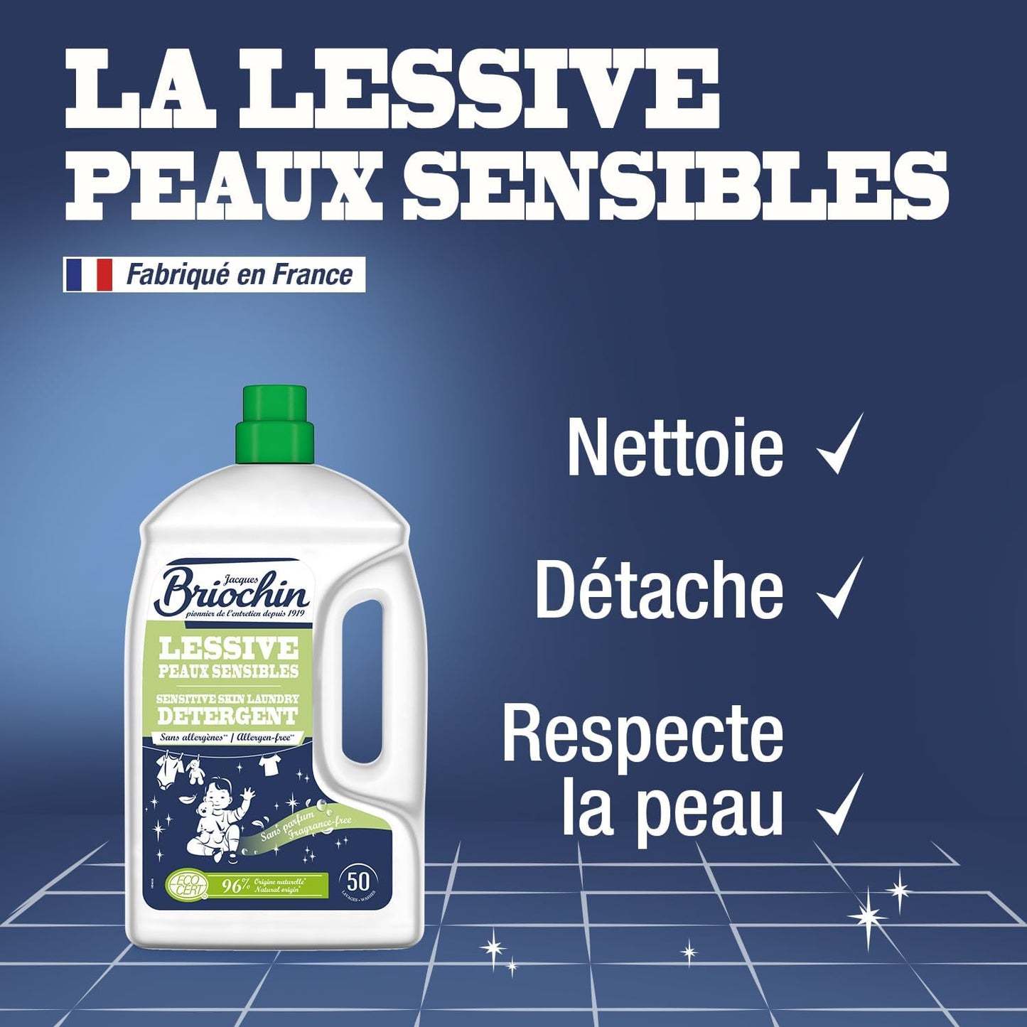 BRIOCHIN Lessive liquide Peaux Sensibles sans parfum, 50 lavages