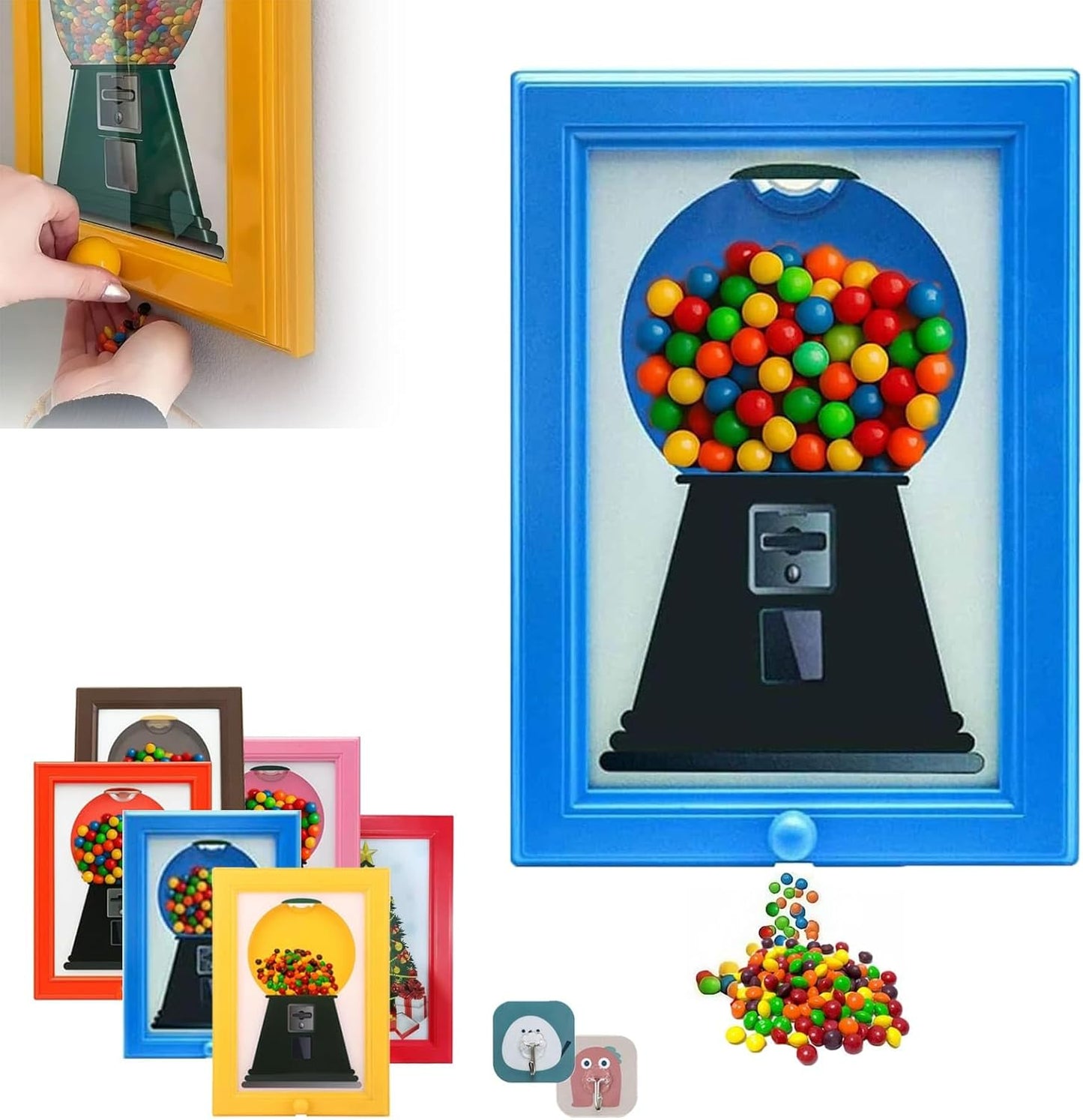 Distributeur de bonbons mural pour cadre photo, distributeur de bonbons, pour la maison et le bureau, distributeur de bonbons décoratif avec répartition rapide, bleu