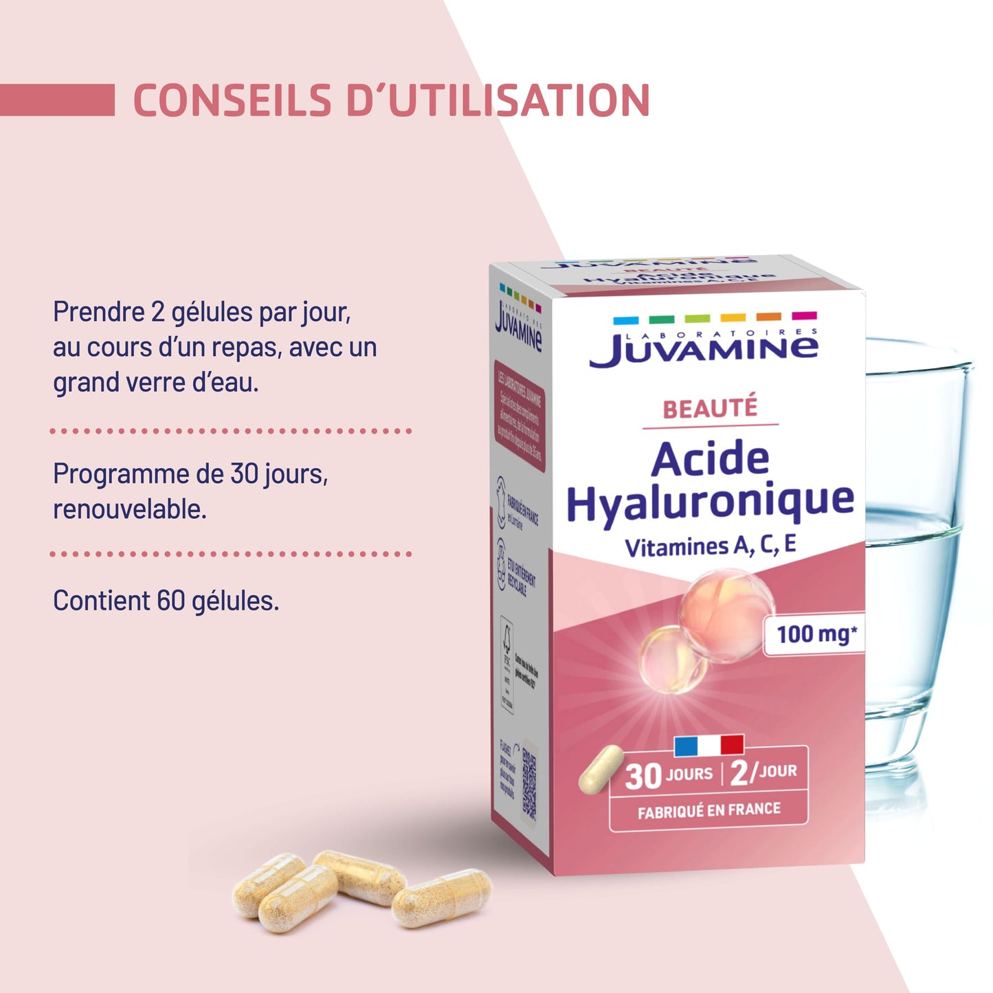JUVAMINE Acide Hyaluronique 100mg + Vitamines A,C,E - Antioxydant - 60 Gel