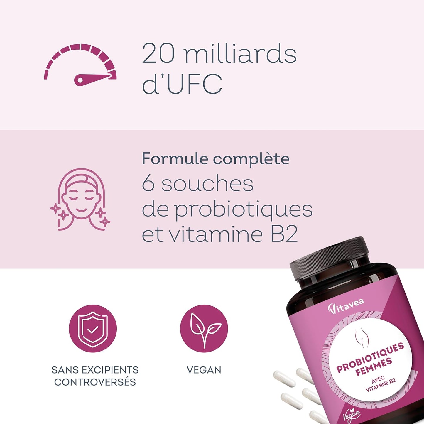 Vitavea Probióticos Flora Íntima - Hasta 40 Mil Millones de UFC - 6 Cepas Incluyendo Lactobacillus Gasseri y Crispatus - Vitamina B2 para Mucosas Sanas - 60 Cápsulas - Fabricado en Francia