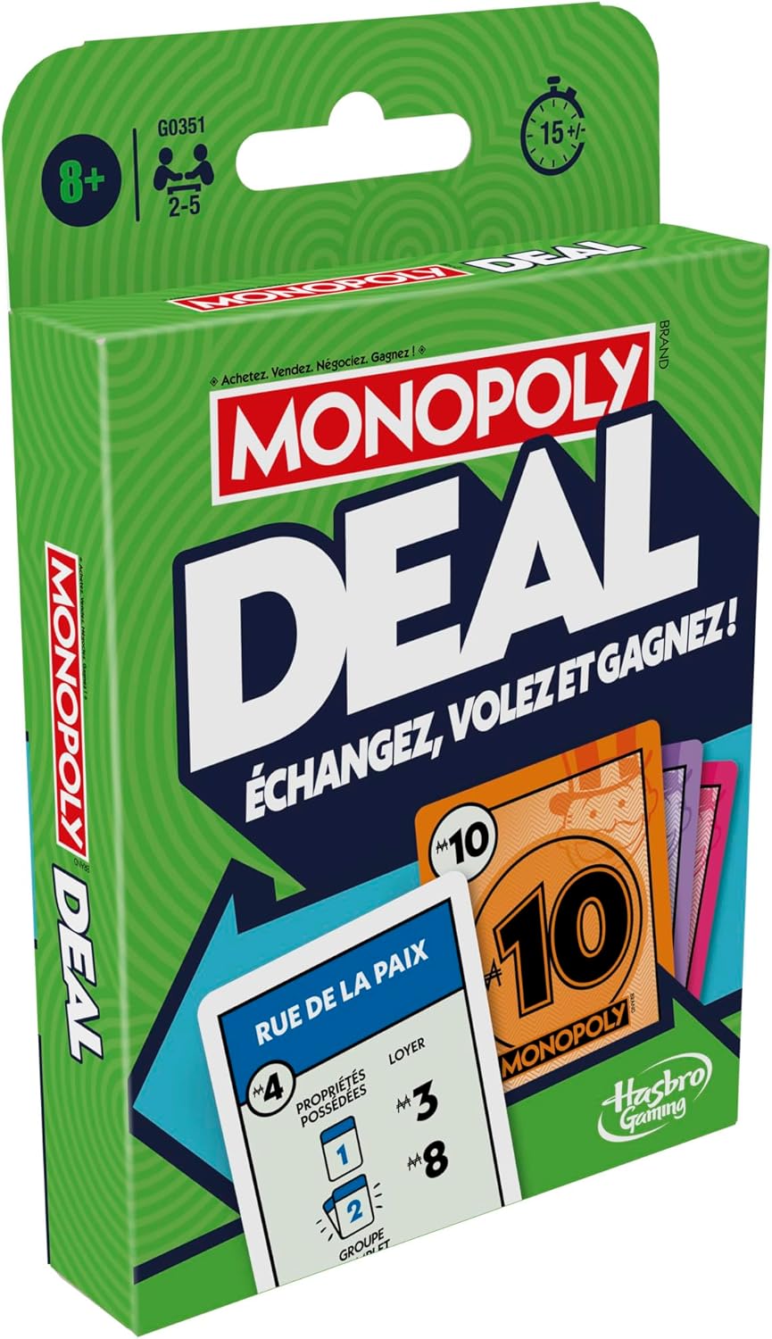 Monopoly Deal, Jeu de Cartes Rapide Inspiré du Jeu de Société Classique, Idée Cadeau d'anniversaire pour Garçons et Filles, Enfants et Familles, Dès 8 Ans