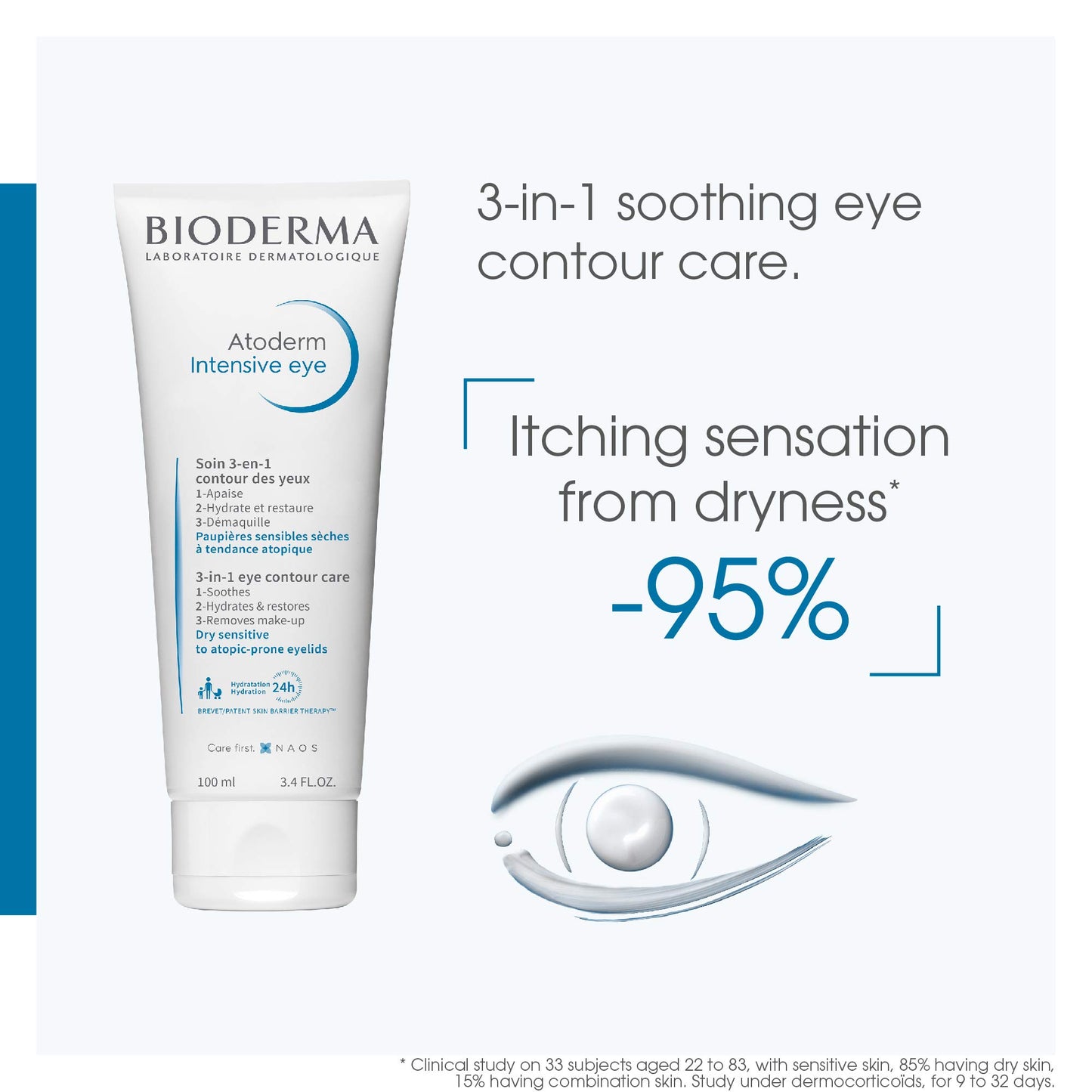 BIODERMA Atoderm Intensive Eye - Soin 3-en-1 démaquillant, apaisant et réparateur des paupières - Bonne base de maquillage - Peaux très sèches, irritées à tendance atopique - Tube 100 ml