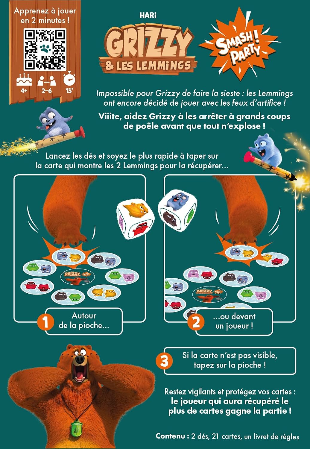 SAVANA - Smash Party | Grizzy et Les Lemmings, Jeu de société coopératif Familial pour Enfants de 4 Ans et Plus | Course, dés et Collection, 2-6 Joueurs, 15 Min, inspiré de la série animée.