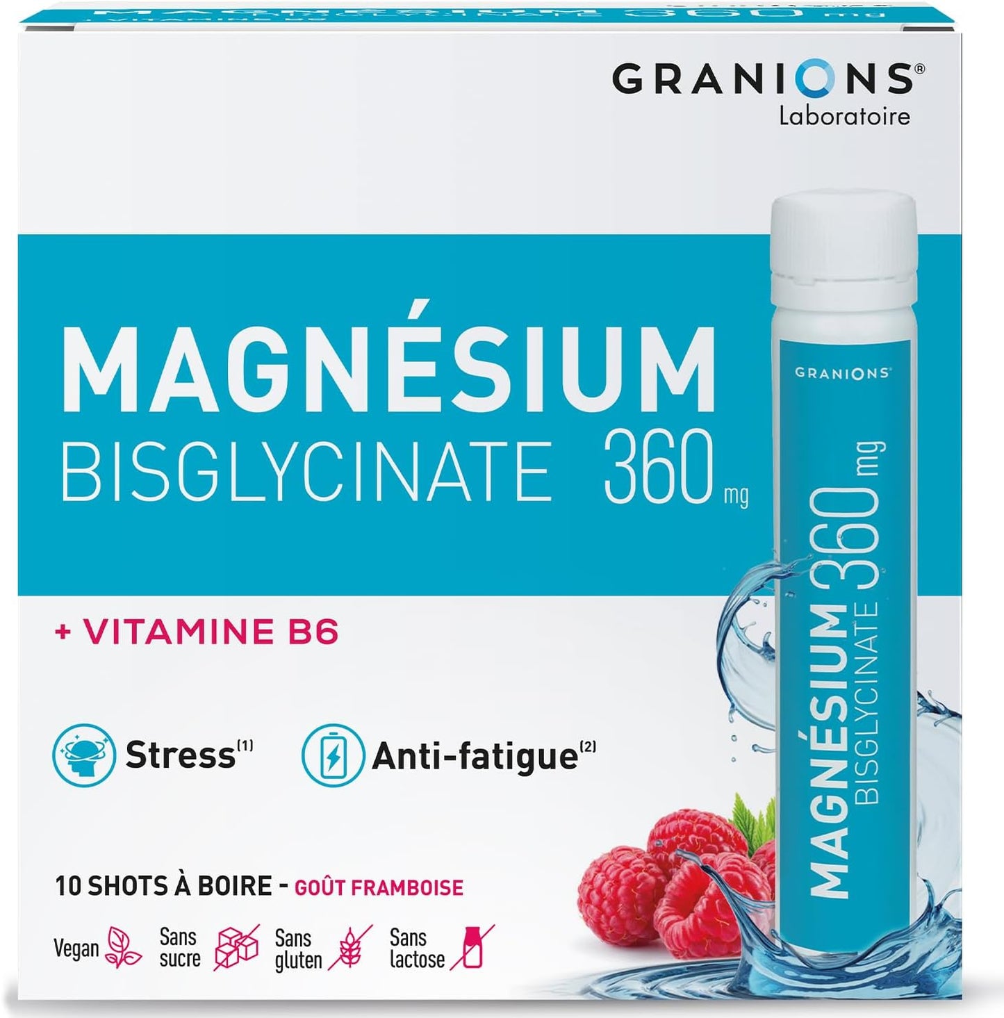 GRANIONS Magnesium Bisglycinate 360 MG - Magnesium Bisglycinate Haute Assimilation + Vitamine B6 - Anti Stress Adulte, Anti Fatigue Puissant - Sans Sucre & Vegan - 10 Shots - Goût Framboise