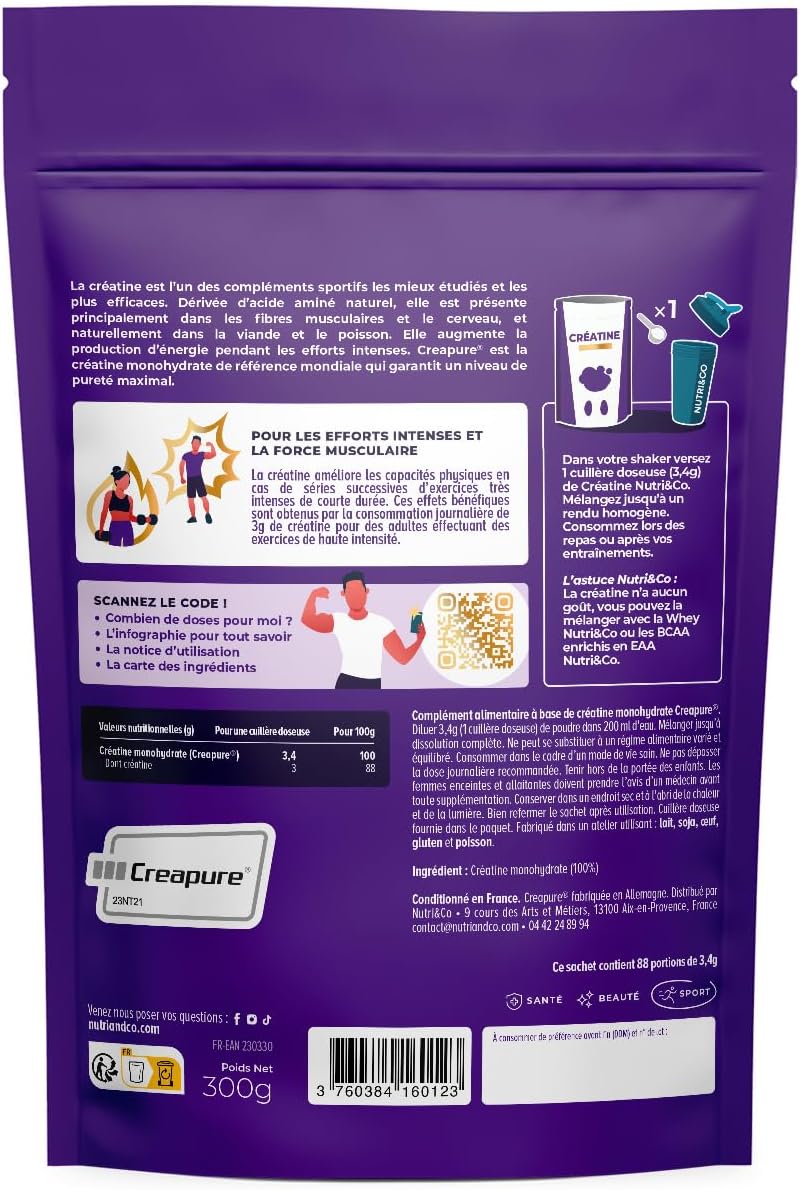 NUTRI&CO Créatine Monohydrate Creapure® 100% Pure | Poudre | 300g Neutre