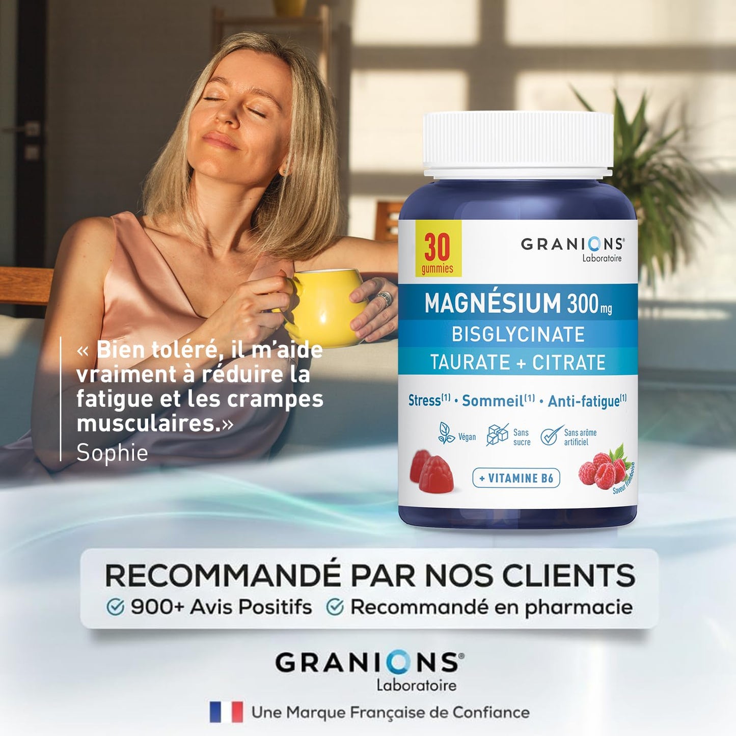 GRANIONS Magnesium Bisglycinate 360 MG - Magnesium Bisglycinate Haute Assimilation + Vitamine B6 - Anti Stress Adulte, Anti Fatigue Puissant - Sans Sucre & Vegan - 10 Shots - Goût Framboise