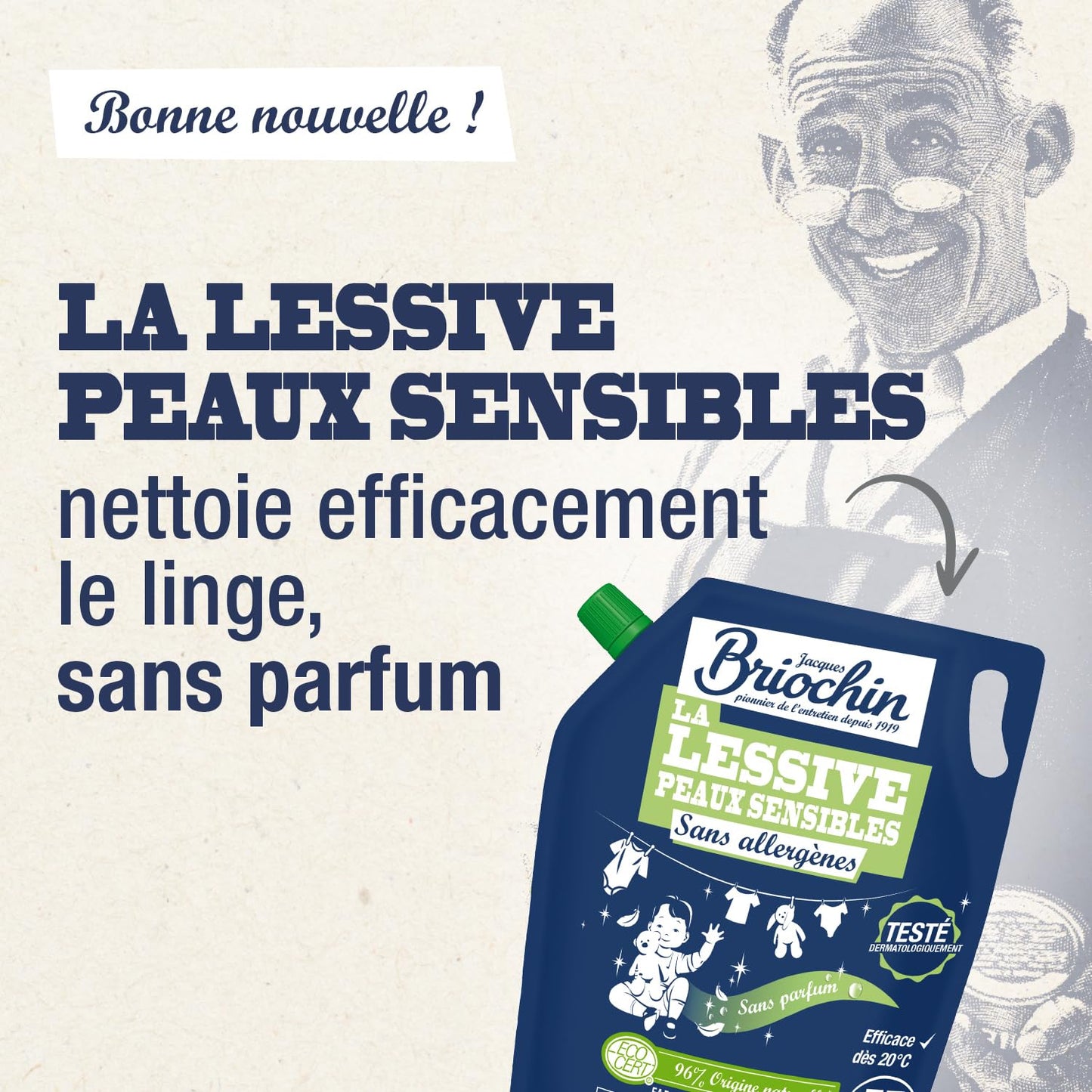 BRIOCHIN Lessive liquide Peaux Sensibles sans parfum, 50 lavages