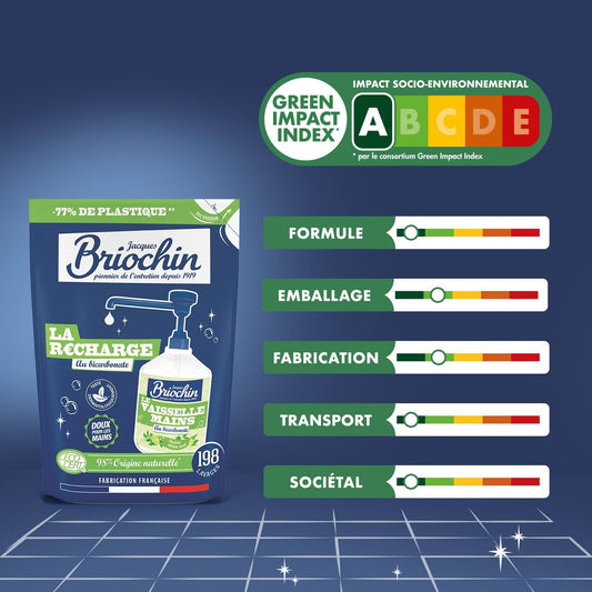 JACQUES BRIOCHIN - Recharge Liquide Vaisselle et Mains - Formule au Bicarbonate de Soude - 99,9% d'Ingrédients d'Origine Naturelle - -Testé dermatologiquement - Fabrication Française - 450ml