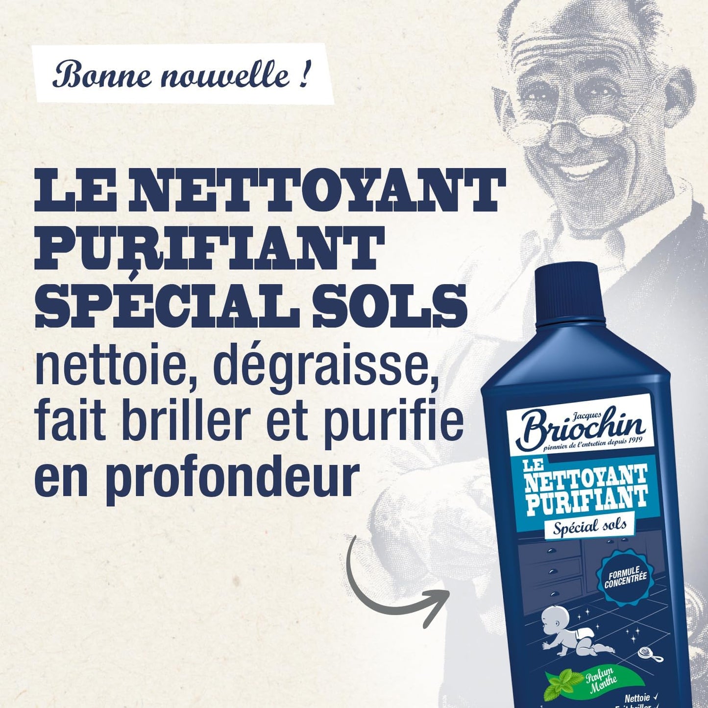 JACQUES BRIOCHIN - Nettoyant Purifiant Spécial Sols - Formule Concentrée - Parfum Menthe - Ecocert - 100% d'Origine Naturelle - Fabrication Française - 1L