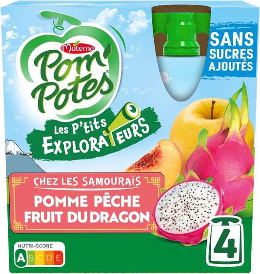 POM'POTES – Compotes Sans Sucres Ajoutés Pomme, Pêche & Fruit du Dragon, Texture Onctueuse (4x90g) - lot de 4 - Vendu par Lot