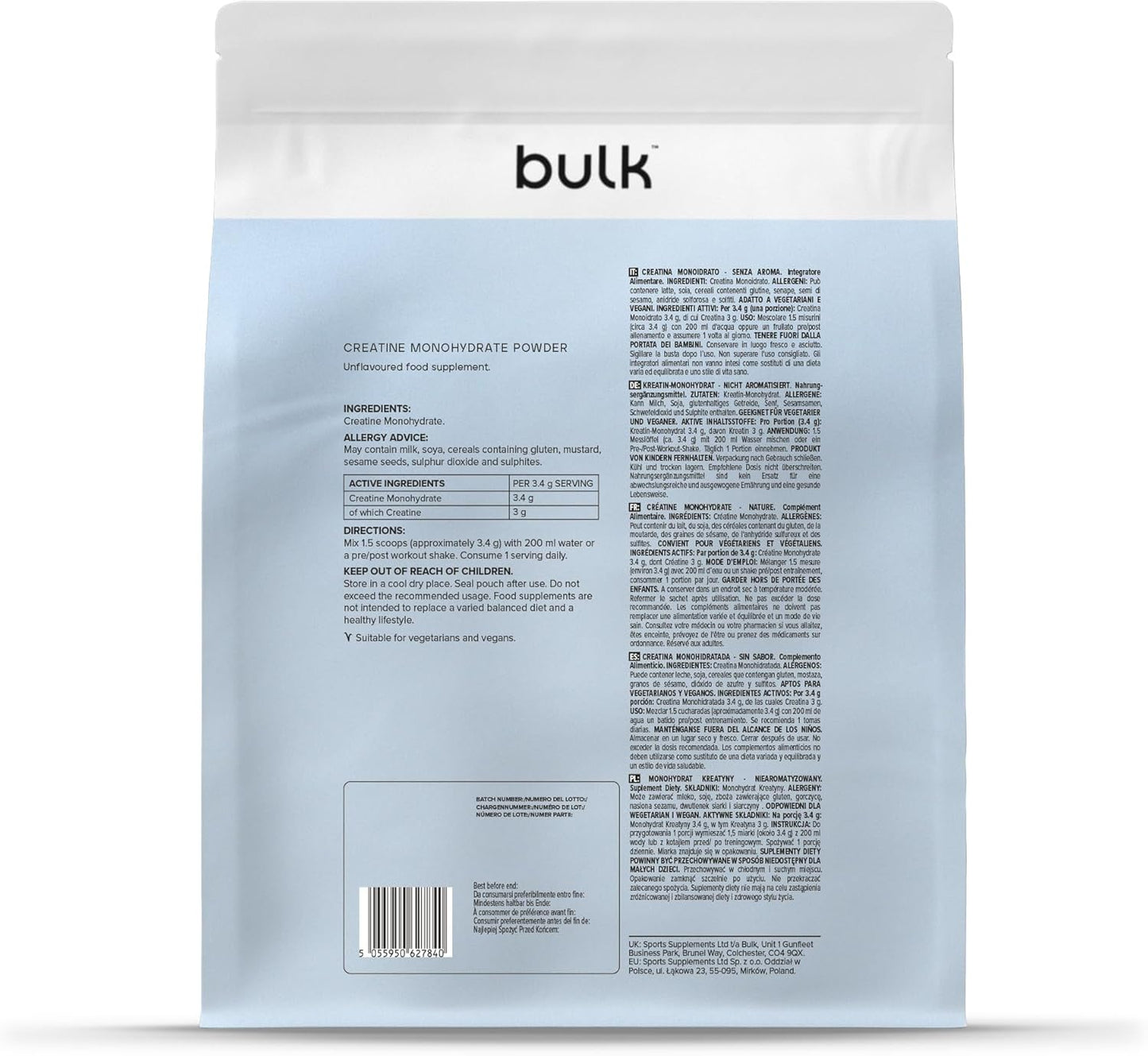 Bulk Créatine Monohydrate Poudre, Non aromatisé, 250 g