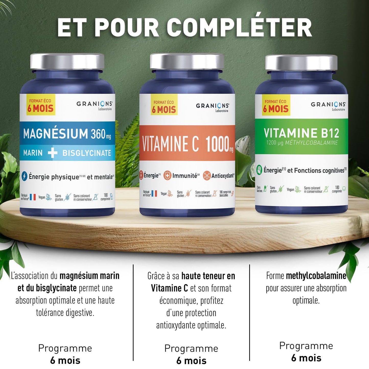 GRANIONS Magnesium Bisglycinate 360 MG - Magnesium Bisglycinate Haute Assimilation + Vitamine B6 - Anti Stress Adulte, Anti Fatigue Puissant - Sans Sucre & Vegan - 10 Shots - Goût Framboise