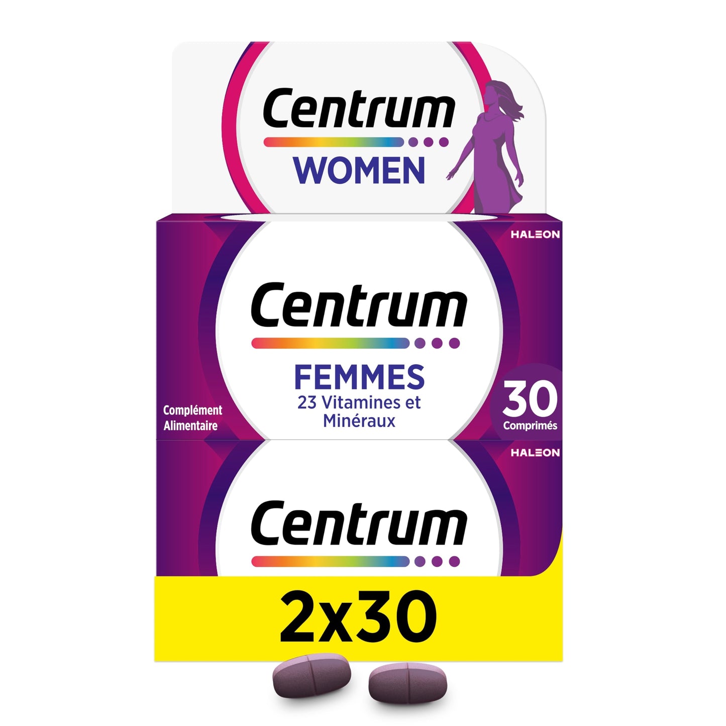 CENTRUM Women 50+ - Multivitamines et Minéraux pour Femme de +50 ans - 23 nutriments Vit D, C, B6, B12, Fer & Zinc - Complément Alimentaire Fatigue, Immunité & Soutien Cognitif - 30 Comprimés - 1 Mois