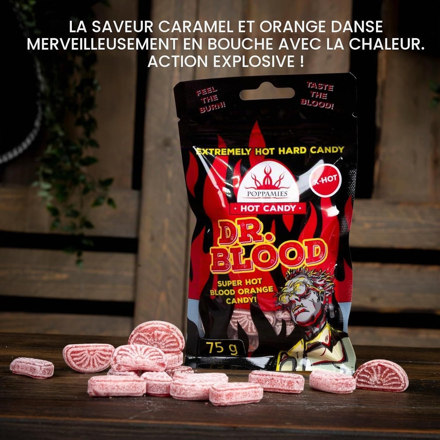 Poppamies Bonbons Épicés Dr Blood Chili Orange - Sans Lactose Sans Gluten Végan - Pas pour les enfants ni pour les farces d'Halloween - Piquant : X-HOT - Taille : 75g